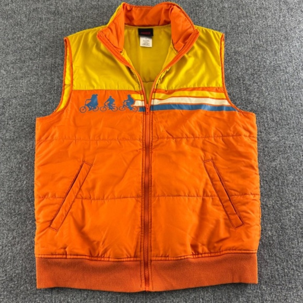 Stranger Things Vest Puffer‎ Sleeveless Jacket Bike Graphic Orange Yellow - M - Picture 2 of 10